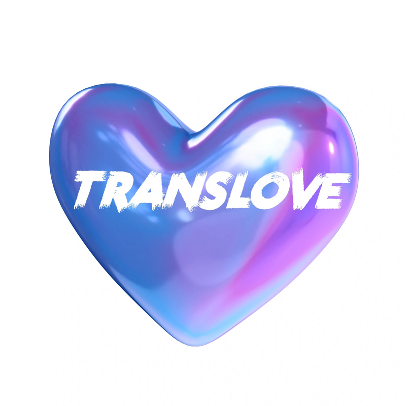 Shiny blue and pink heart with bold white TransLove text.
