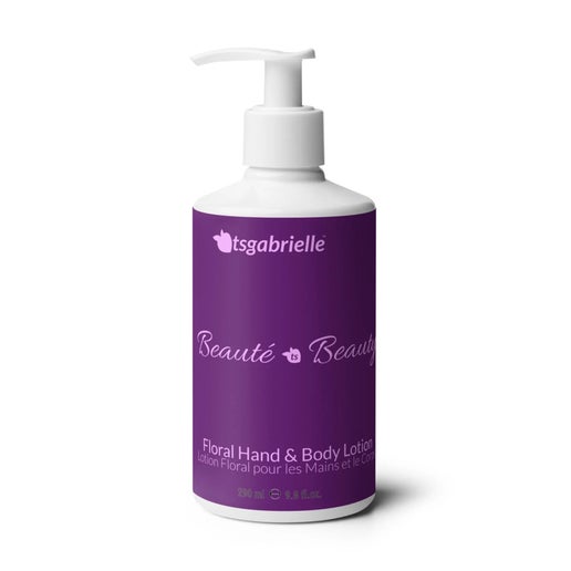 Beauté • Beauty Floral hand and body lotion in purple pump bottle.