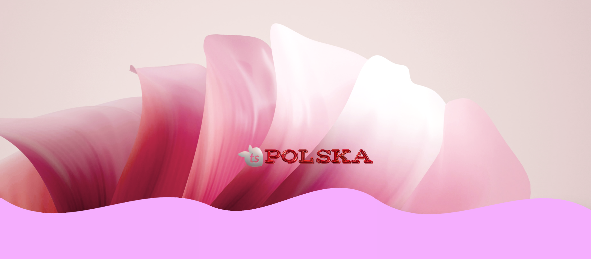 Pink and white abstract design with 'Polska' text on a light pink background