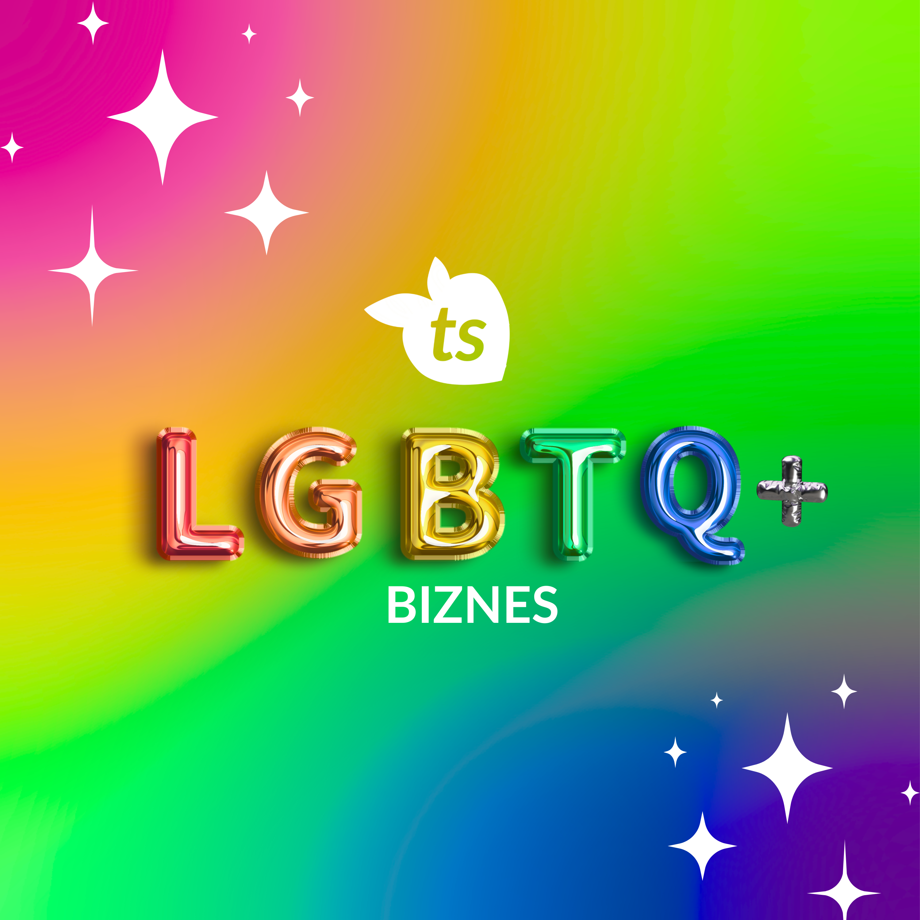 Colorful gradient background with 'LGBTQ+' text and 'ts' logo on a rainbow pattern.