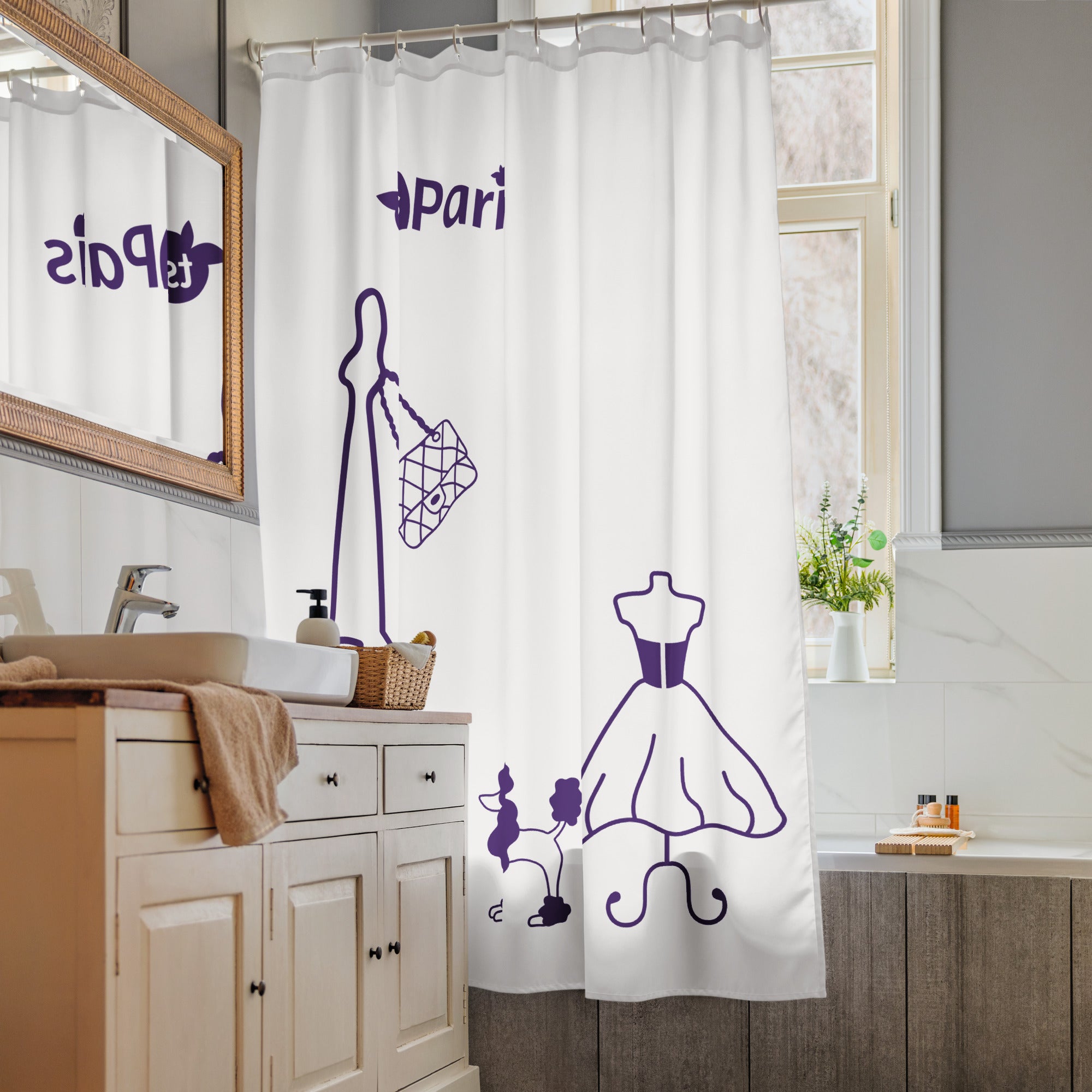 tsgabrielle® • Paryż - Tydzień Mody • Zasłona prysznicowa • Biała • 71” x 74”