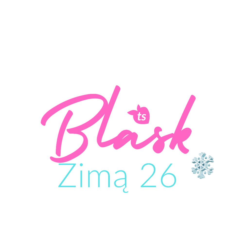 Pink and blue text with 'Blask' and 'Zima 26' on a white background
